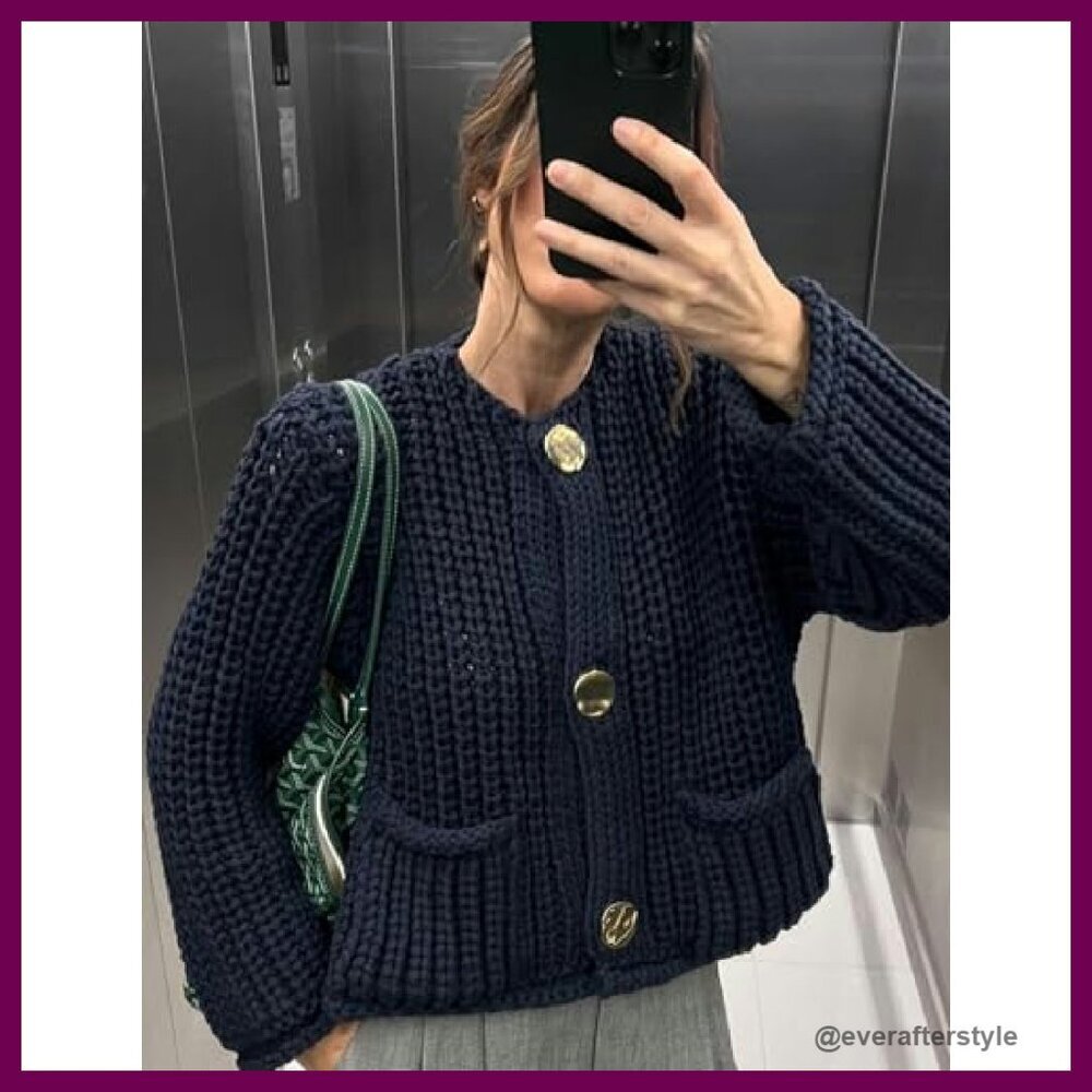 Cropped Cardigan Sweater Chunky Knit Button Down Oversized Chic Fall - Picture 3 of 8